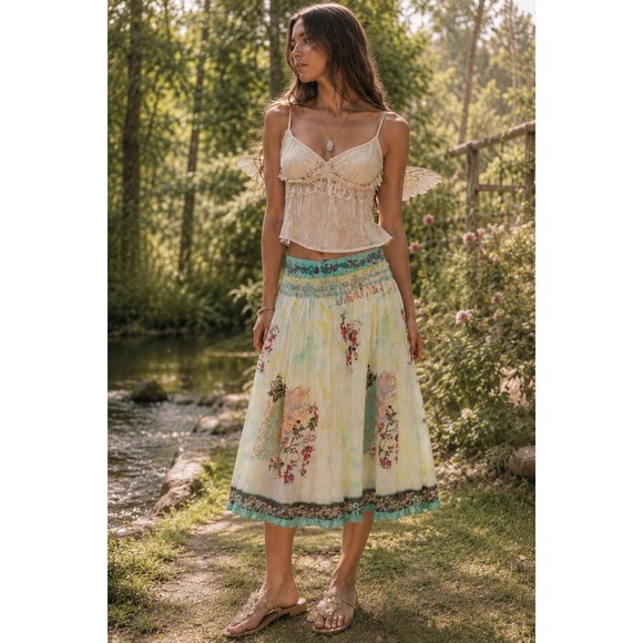 Chaudry Kc Dresses & Skirts - Y2K Chaudry KC Floral Embroidered Sequin Midi Skirt Fairy Ethereal Whimsical